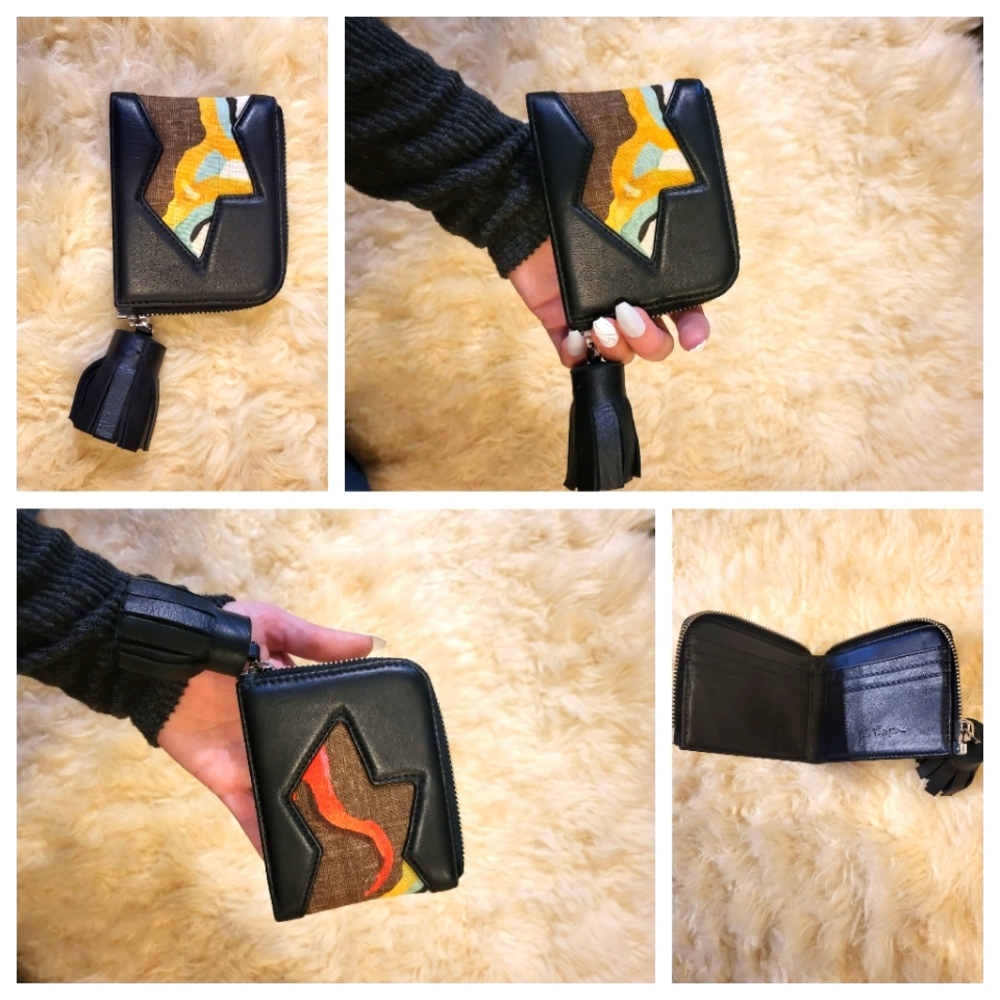 JIM THOMPSON BIFOLD WALLET BLACK LEATHER WITH FABRIC PRINT